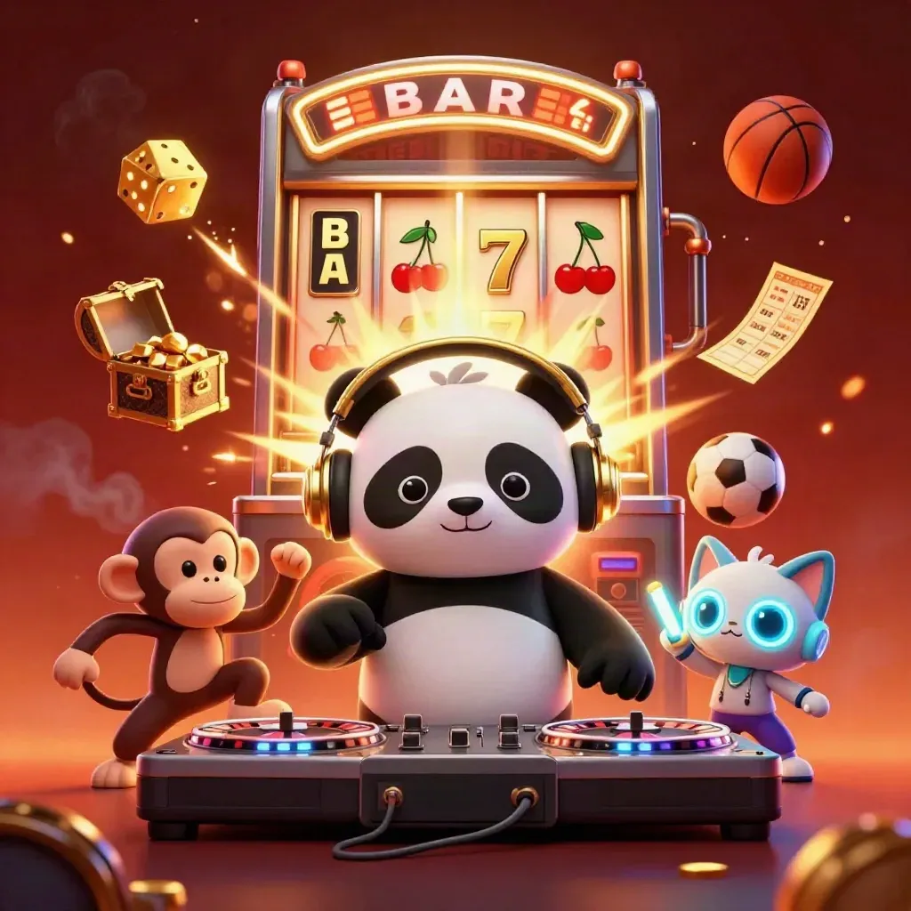 DJ panda, monkey, and glow-stick kitten amid casino bursts and sports props.