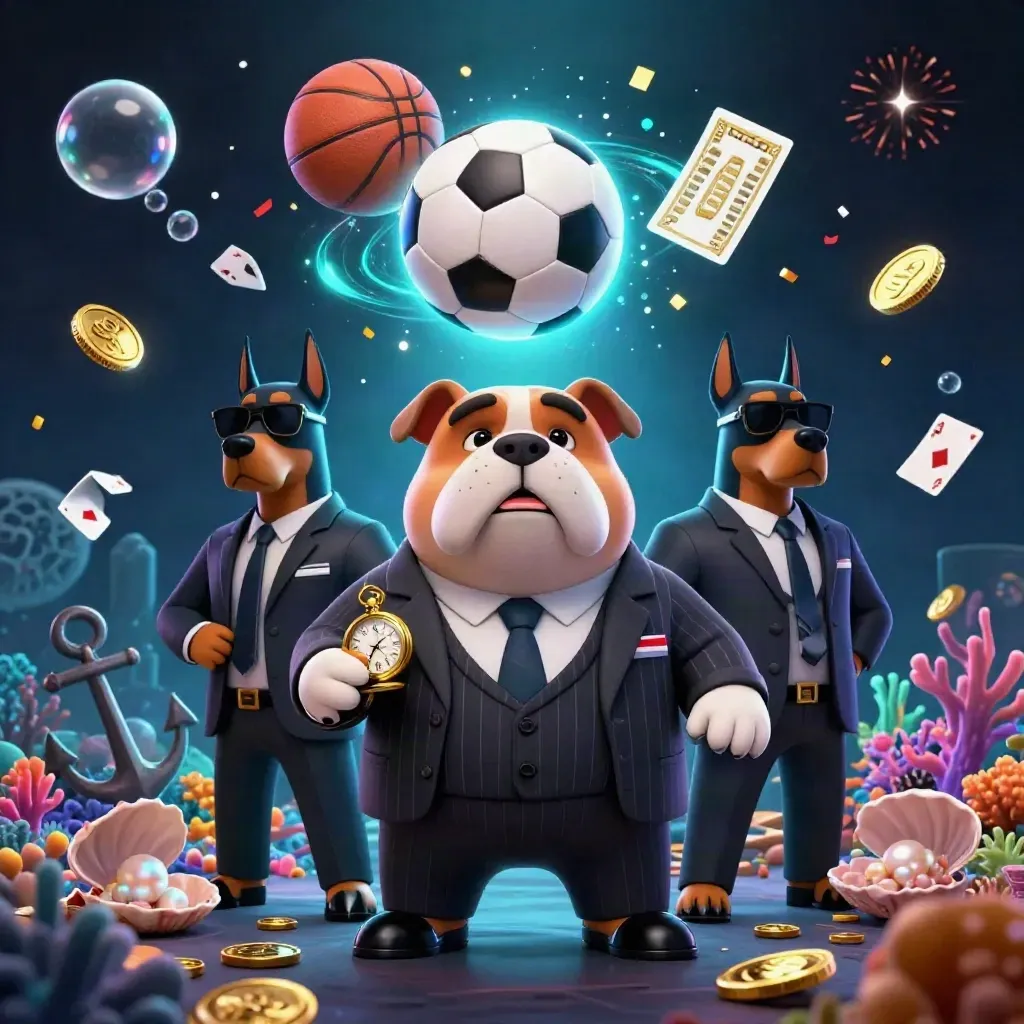 Mafia bulldog and Dobermans amid a soccer-ball blast, gold coins, coral, and neon casino light.