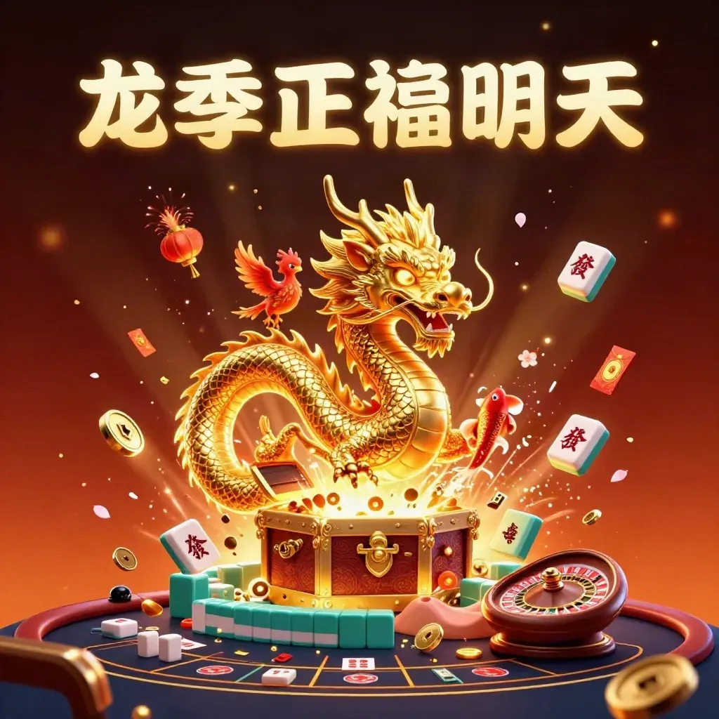 Golden dragon with phoenix and koi amid casino charms, treasure burst, roulette wheel, and neon glow.