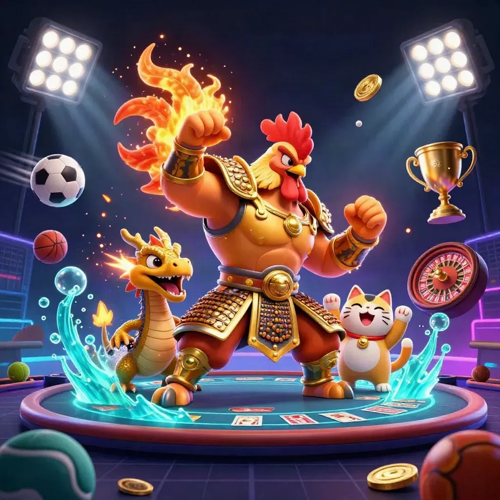 Rooster warrior, dragon hatchling, and fortune-cat in a neon casino battle scene with flying sports balls and coins.