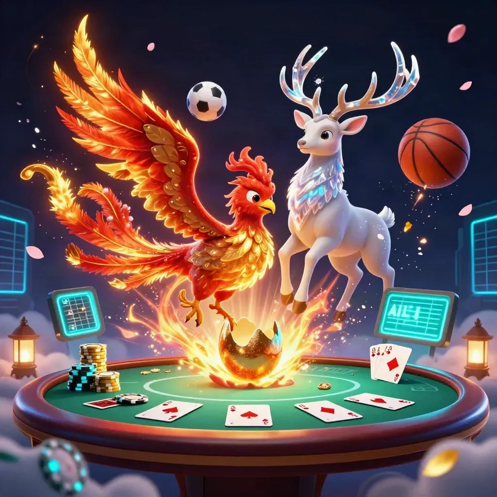 Phoenix and stag surge over casino chips with basketball and soccer ball in neon glow