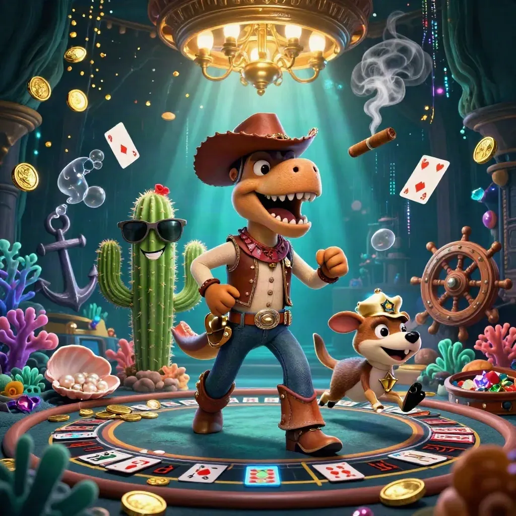 Cowboy T-Rex trio in an underwater casino grotto with gold glow and neon effects