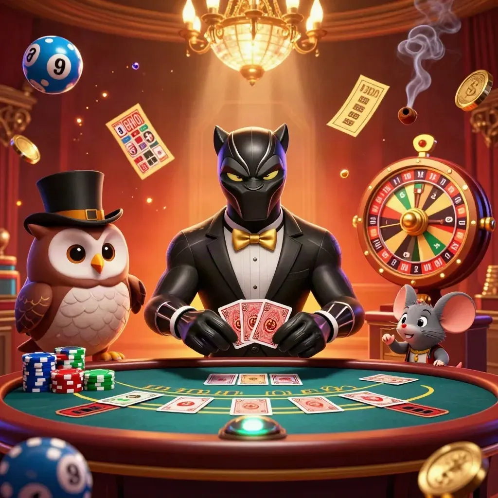 Panther, owl, and mouse at a glowing casino table with gold sparks, chips, and spinning lights.