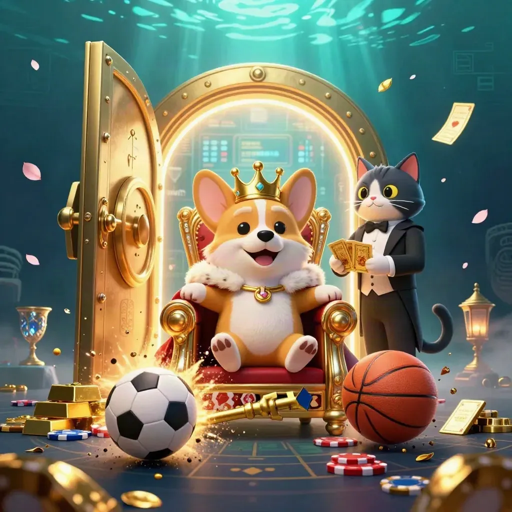 Royal corgi and cat butler amid gold vault, soccer ball, and casino treasure in glowing underwater teal.