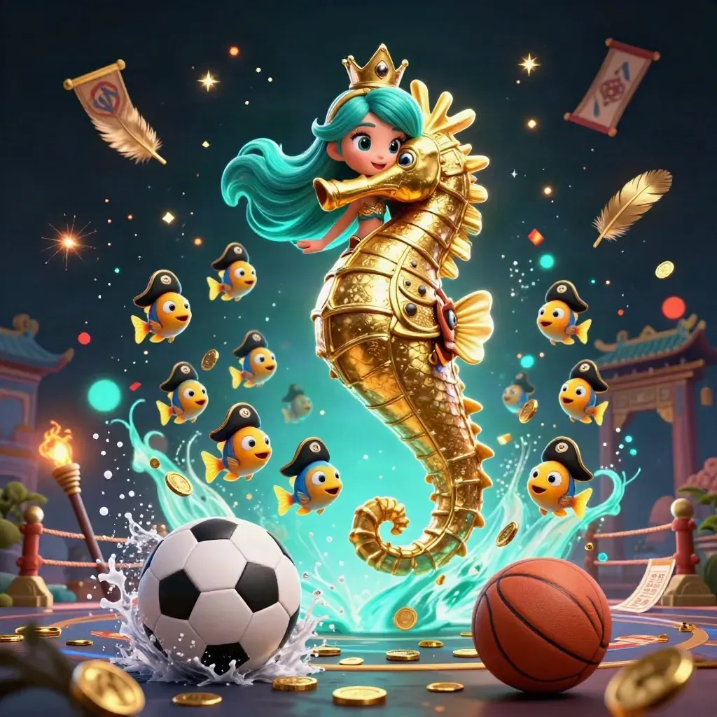 Mermaid princess on armored seahorse amid sports balls, coins, fireworks and casino glow.