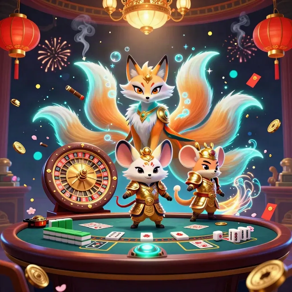 Neon fox spirit and golden mouse in a luxury casino room with floating game props