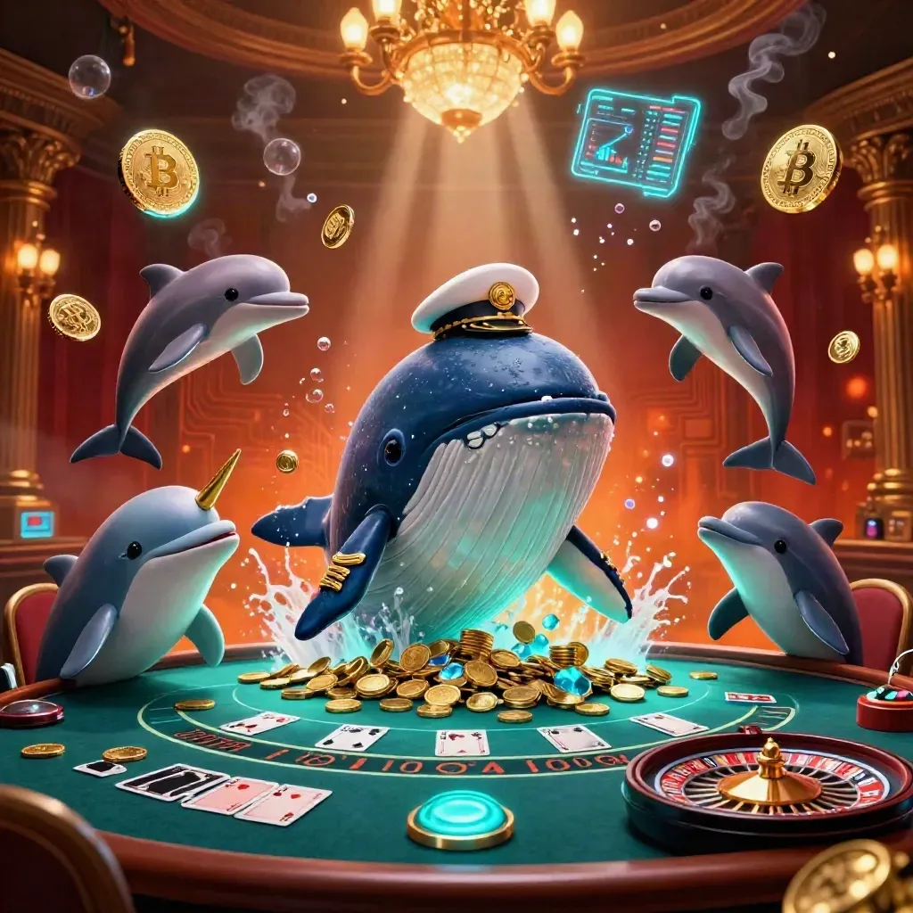 Whale captain, narwhal, and dolphins burst through gold coins amid neon casino lights.