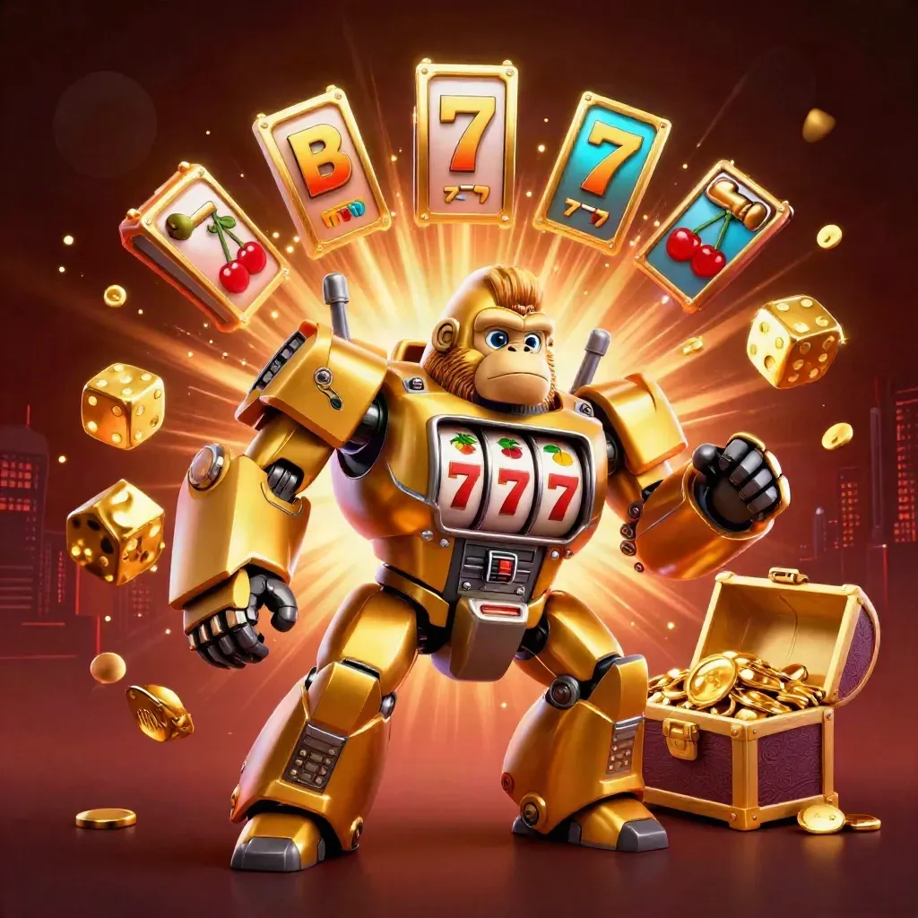 Golden gorilla slot mech with monkey pilot, exploding jackpots, dice, gold, and glowing casino effects.