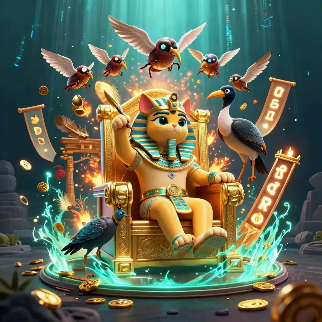 Cat pharaoh on throne with ibis scribe and gem-wing scarabs in casino magic underwater