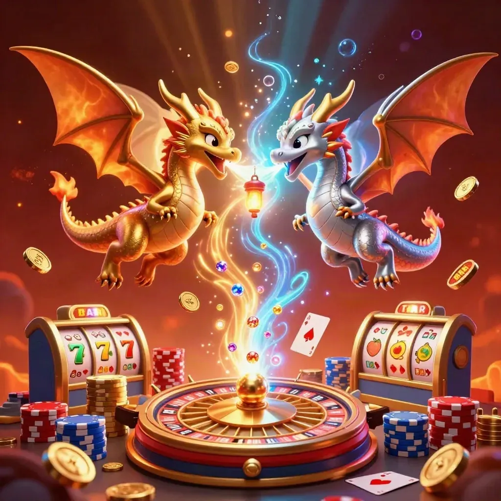 Gold and silver dragons locked in yin-yang fire and ice amid casino treasure and aqua glow