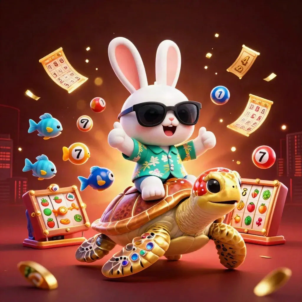 Lucky rabbit on a gem turtle amid casino bursts, gold glow and aqua accents, dark skyline