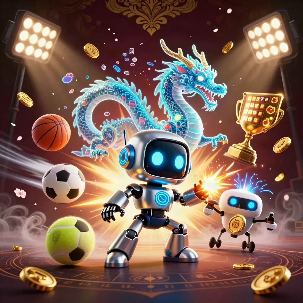 Cyberpunk robot, holographic dragon, and drone amid coins, balls, trophies, and glowing casino effects.