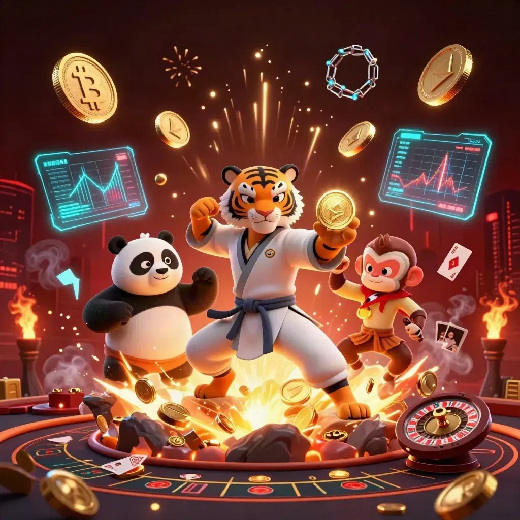 Kung-fu tiger, panda, and monkey amid casino treasure, coins, and neon effects.