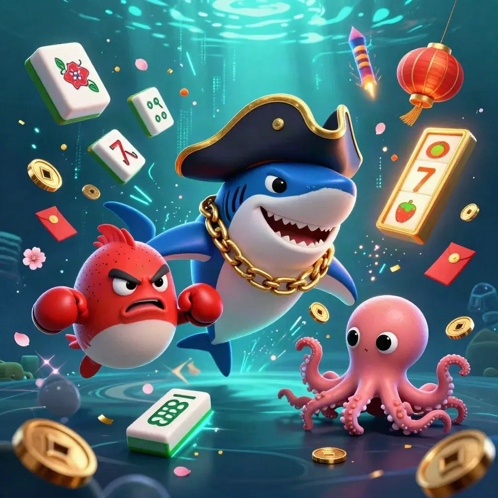 Pirate shark, boxing pufferfish, and juggling octopus amid aqua casino treasure underwater