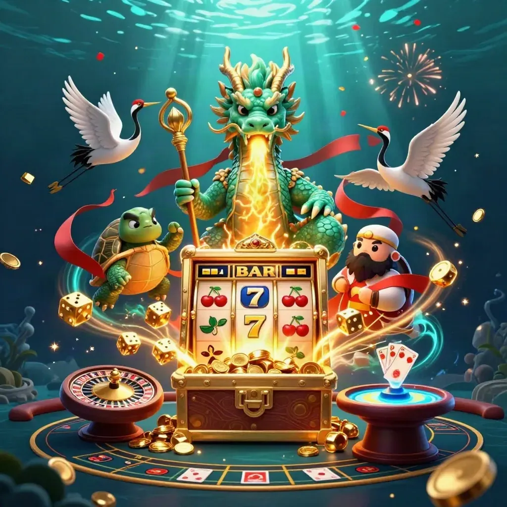 Dragon, turtle sage and cranes burst from a jackpot slot with coins, fire and fireworks.