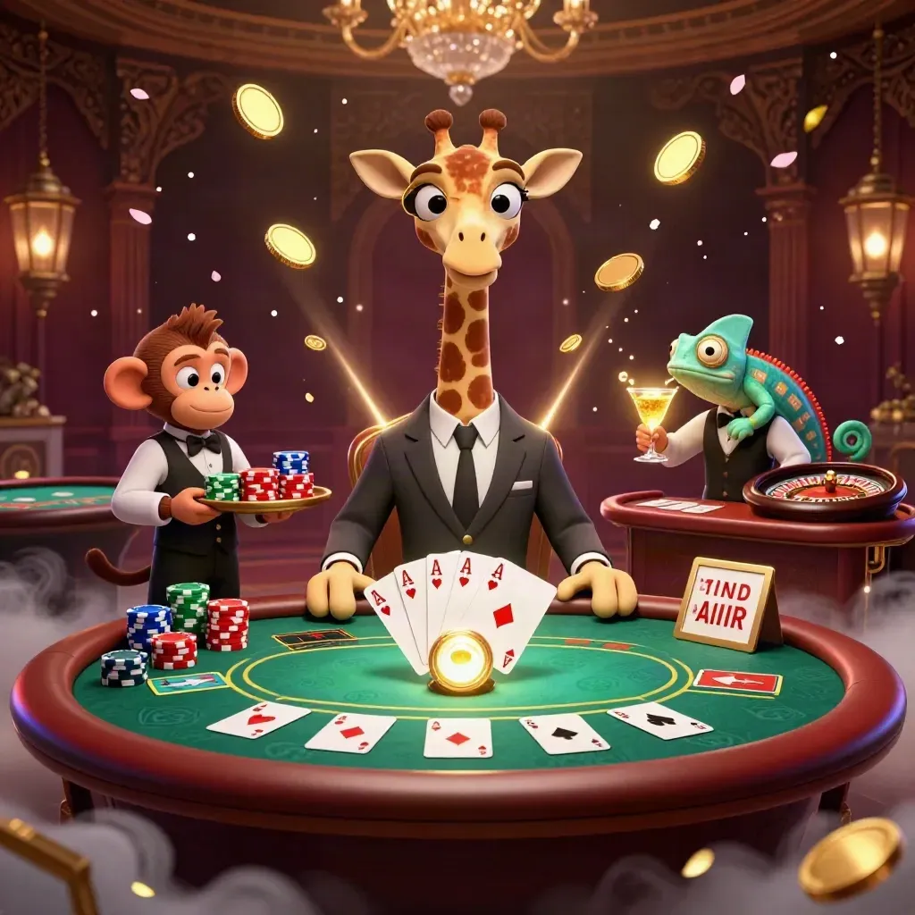 Giraffe high-roller, monkey valet, and chameleon bartender amid exploding gold, chips, and casino glam