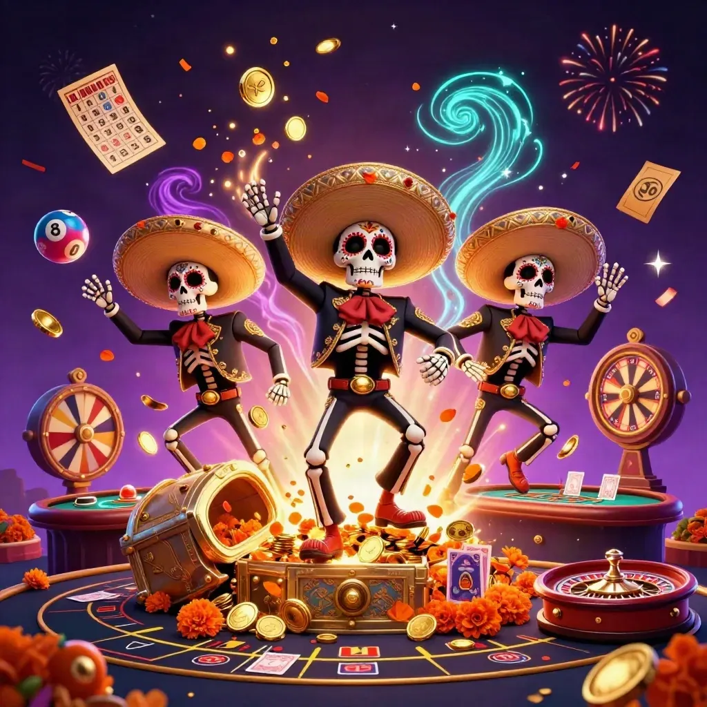 Skeleton mariachi trio amid coins, lottery balls, roulette wheel, fireworks, and neon casino glow.