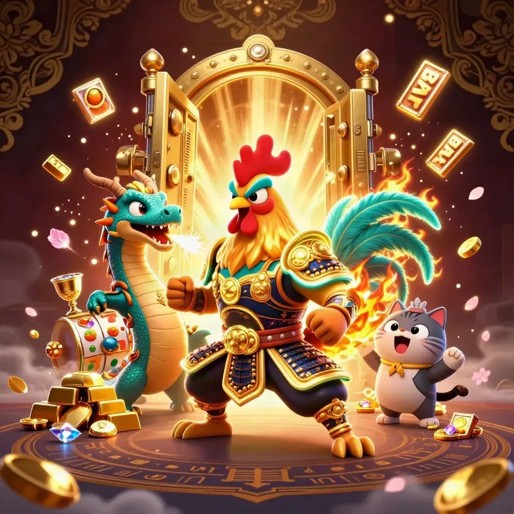 Rooster samurai, spark-breathing hatchling and fortune cat burst from a glowing vault with casino loot.