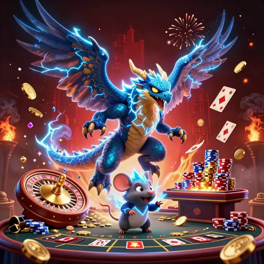 Thunder dragon, wind hawk and static mouse amid exploding gold, cards, chips, roulette and dark casino glow.