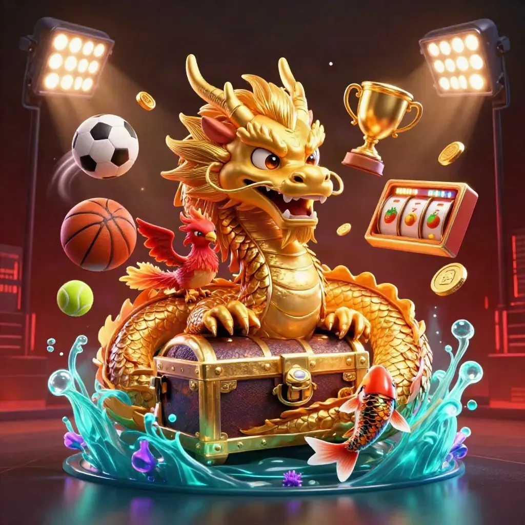 Golden dragon with phoenix and koi amid casino and sports icons, glowing in neon gold and aqua.