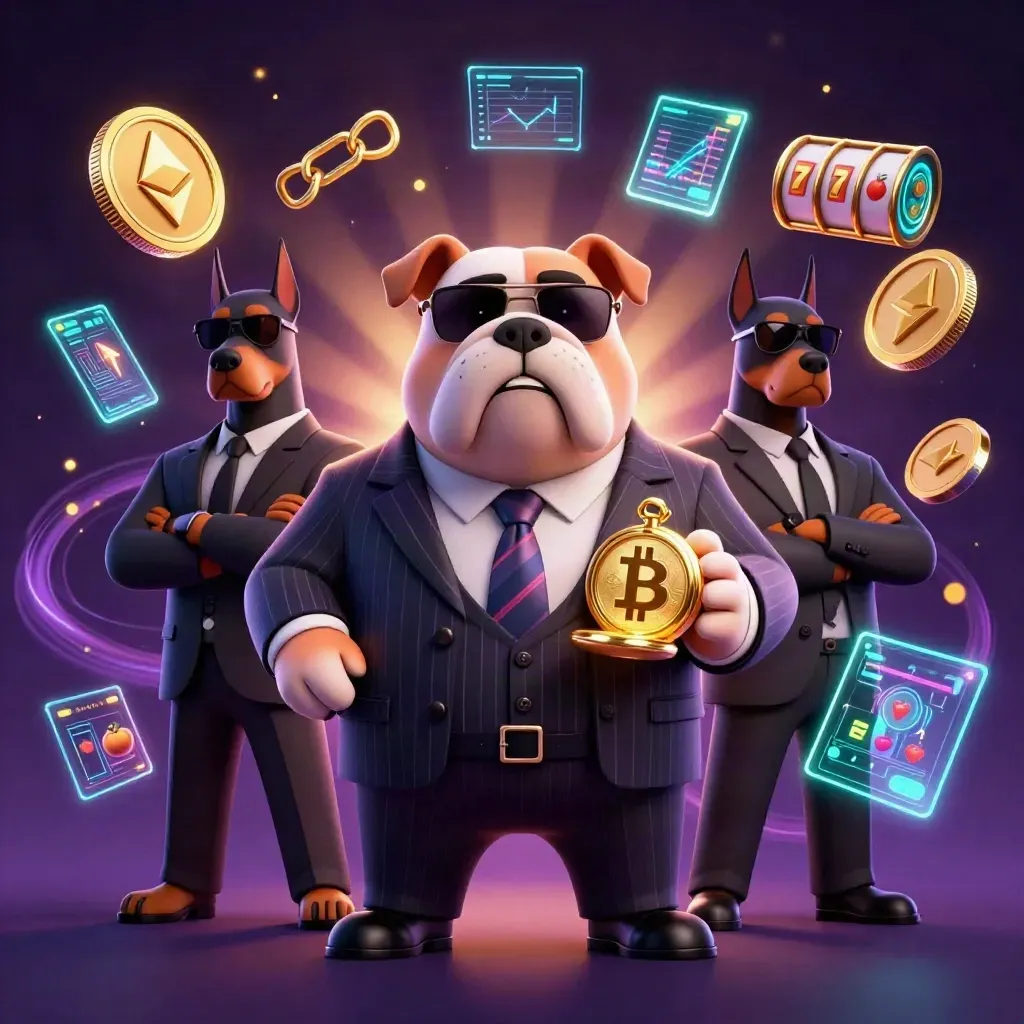 Bulldog boss with two Dobermans amid neon coins, slot reels, and casino lightning.