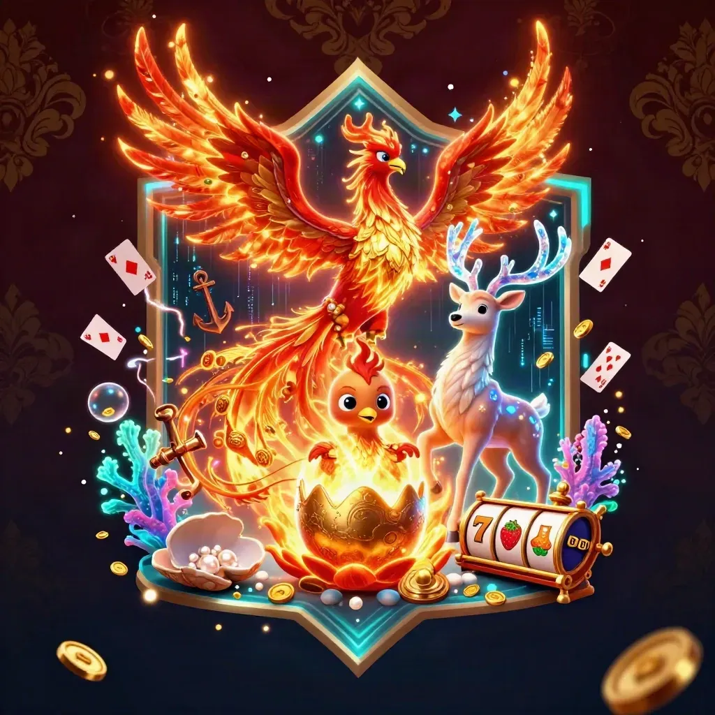 Phoenix trio with casino treasures, glowing coral, coins, cards, and crystal antlers on a dark luxe backdrop.