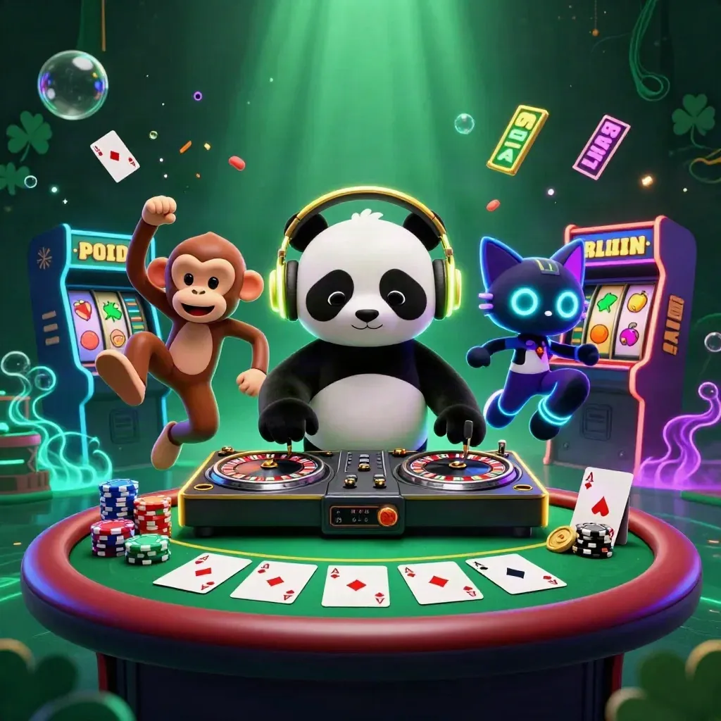 DJ panda, breakdancing monkey, and glow-kitten surrounded by casino action and neon underwater light.