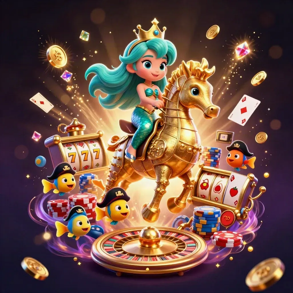 Mermaid princess rides a gold-armoured seahorse amid coins, chips, cards and glowing casino magic.
