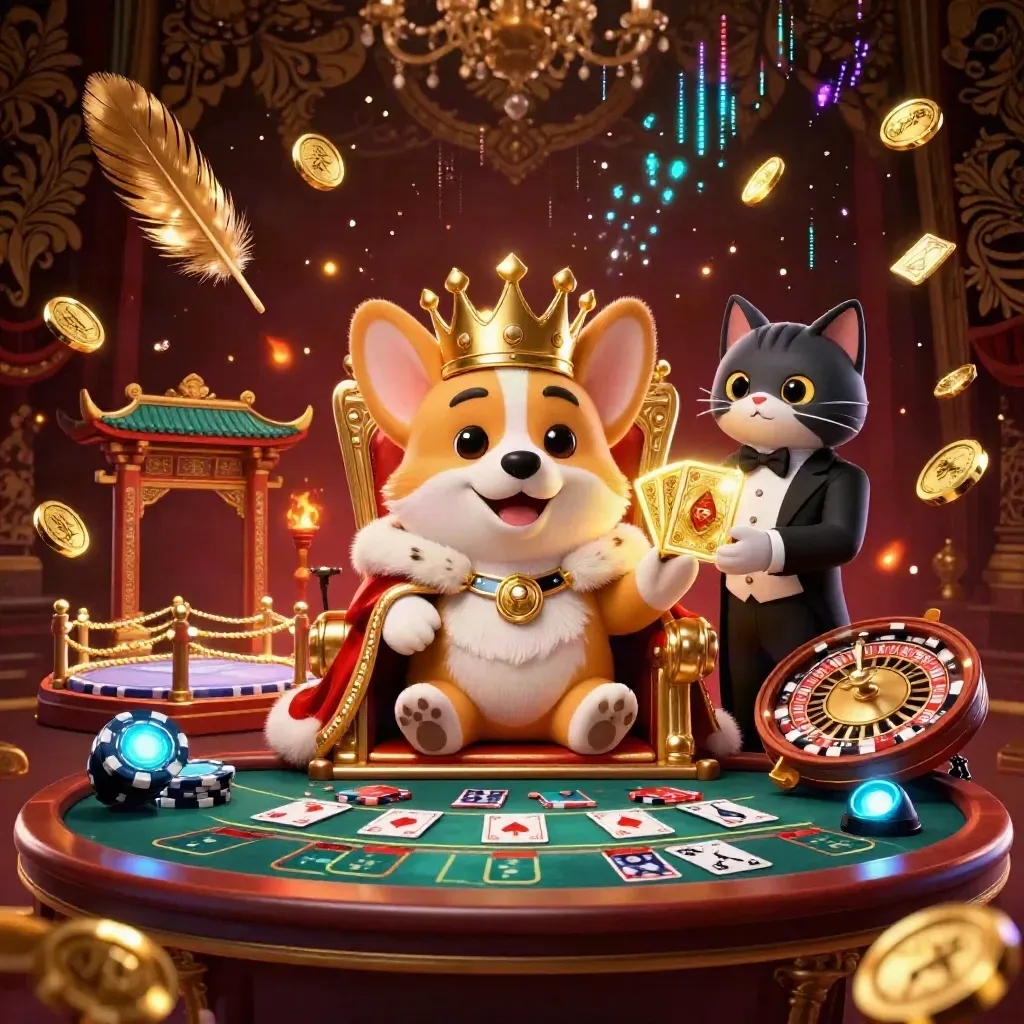 Royal corgi king and cat butler amid casino chips, roulette wheel, gold sparks, and neon glow.