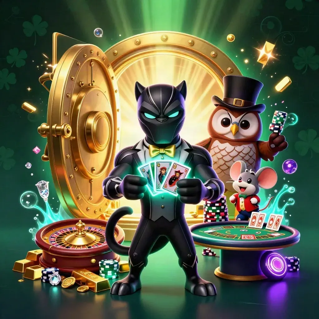 Panther, owl, and mouse amid a glowing vault, chips, cards, and casino gold.
